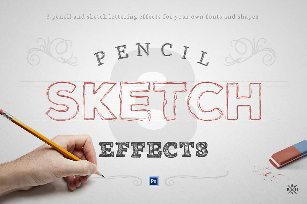 好用的铅笔素材手绘PS图层样式素材 Pencil Sketc