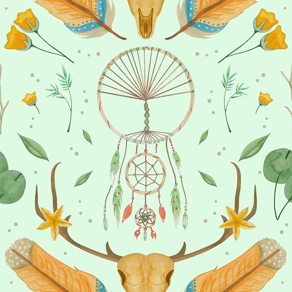 森系印第安人风格水彩捕梦网帐篷羽毛花卉PNG免抠设计素材
