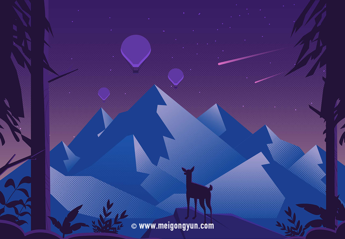 紫色森林动物星空热气球矢量插图Vector Purple L