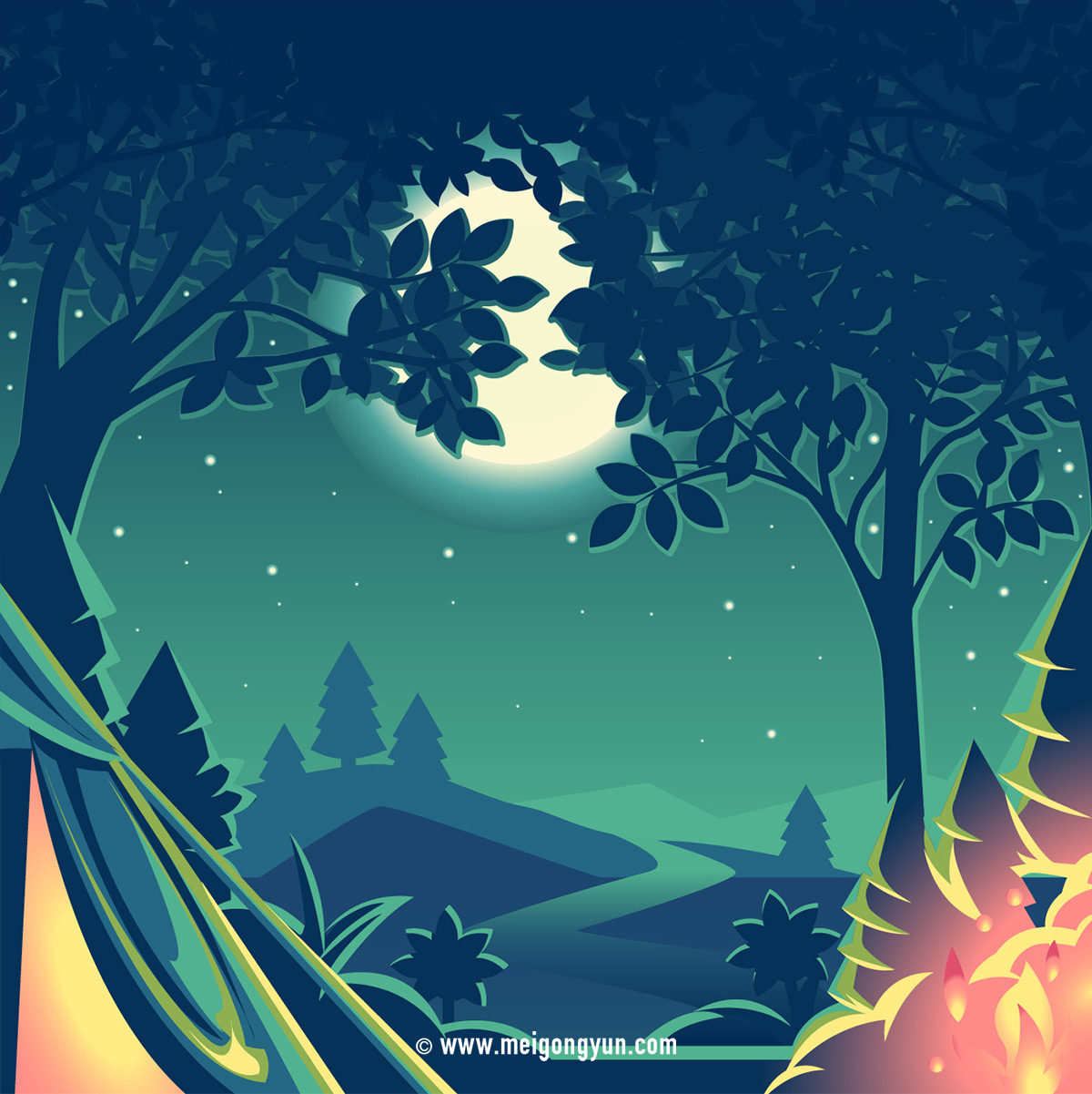 户外露营自然景观矢量插图Night_Camp#62910
