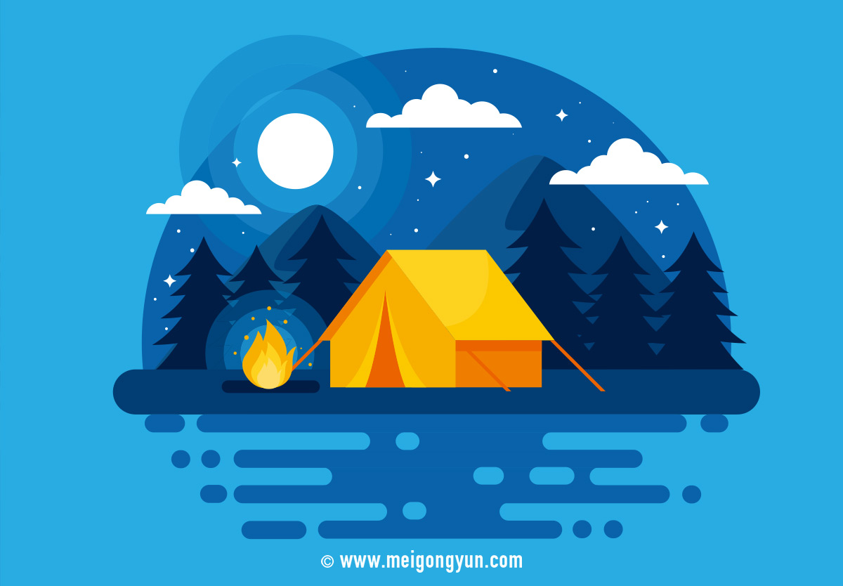 蓝色户外露营自然景观矢量插图Night_Camp_Vecto