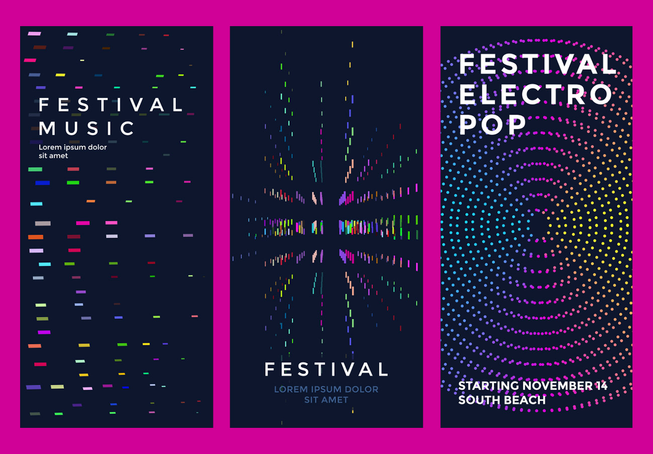 现代五颜六色的虚线背景电子音乐节海报传单设计矢量图素材 #7