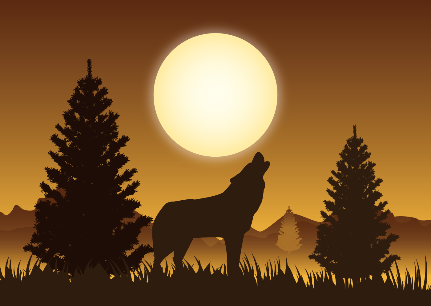 午夜自然景观狼动物剪影矢量图Nature Illustrat