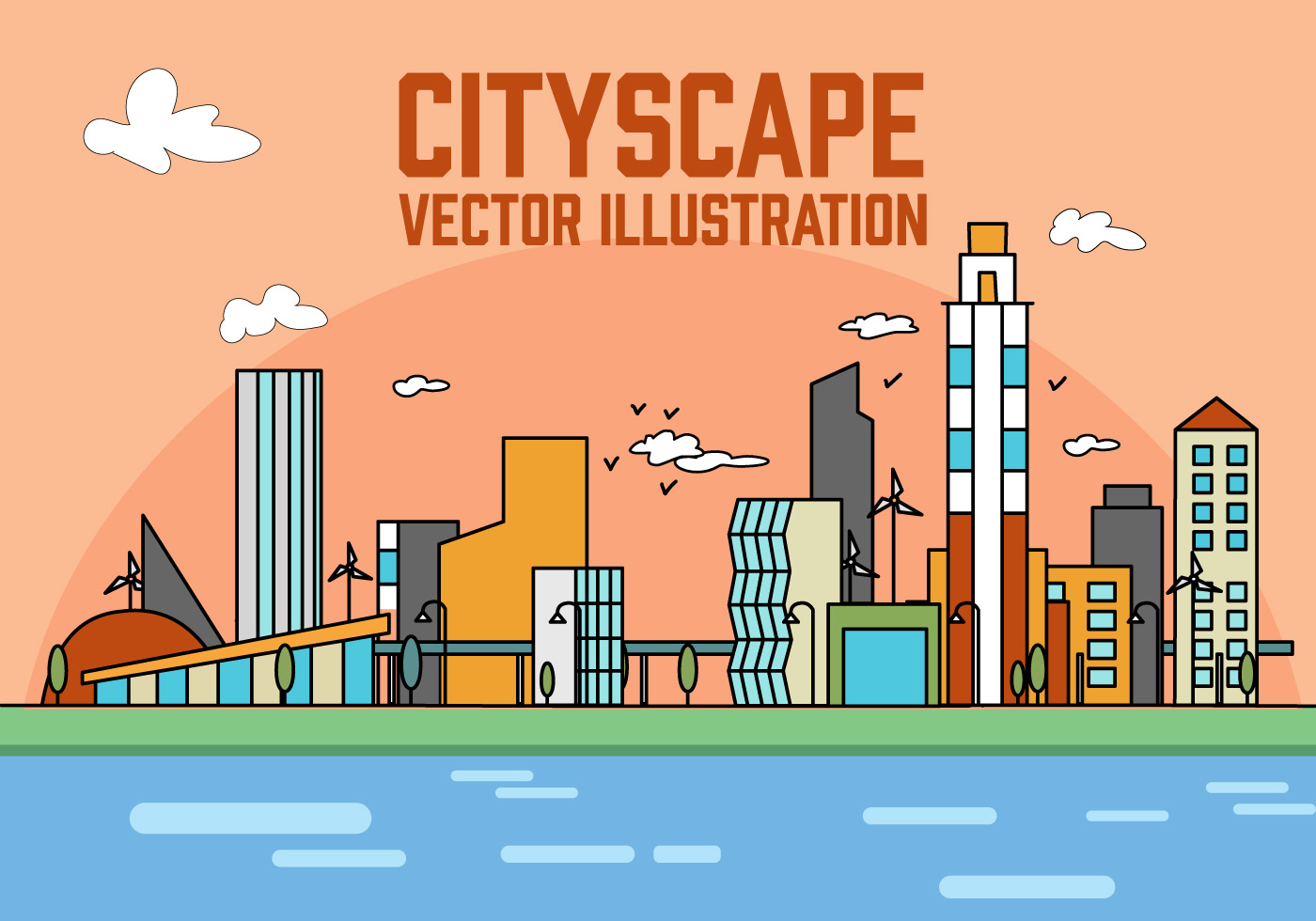 线性城市矢量插图Peach Linear City Vect