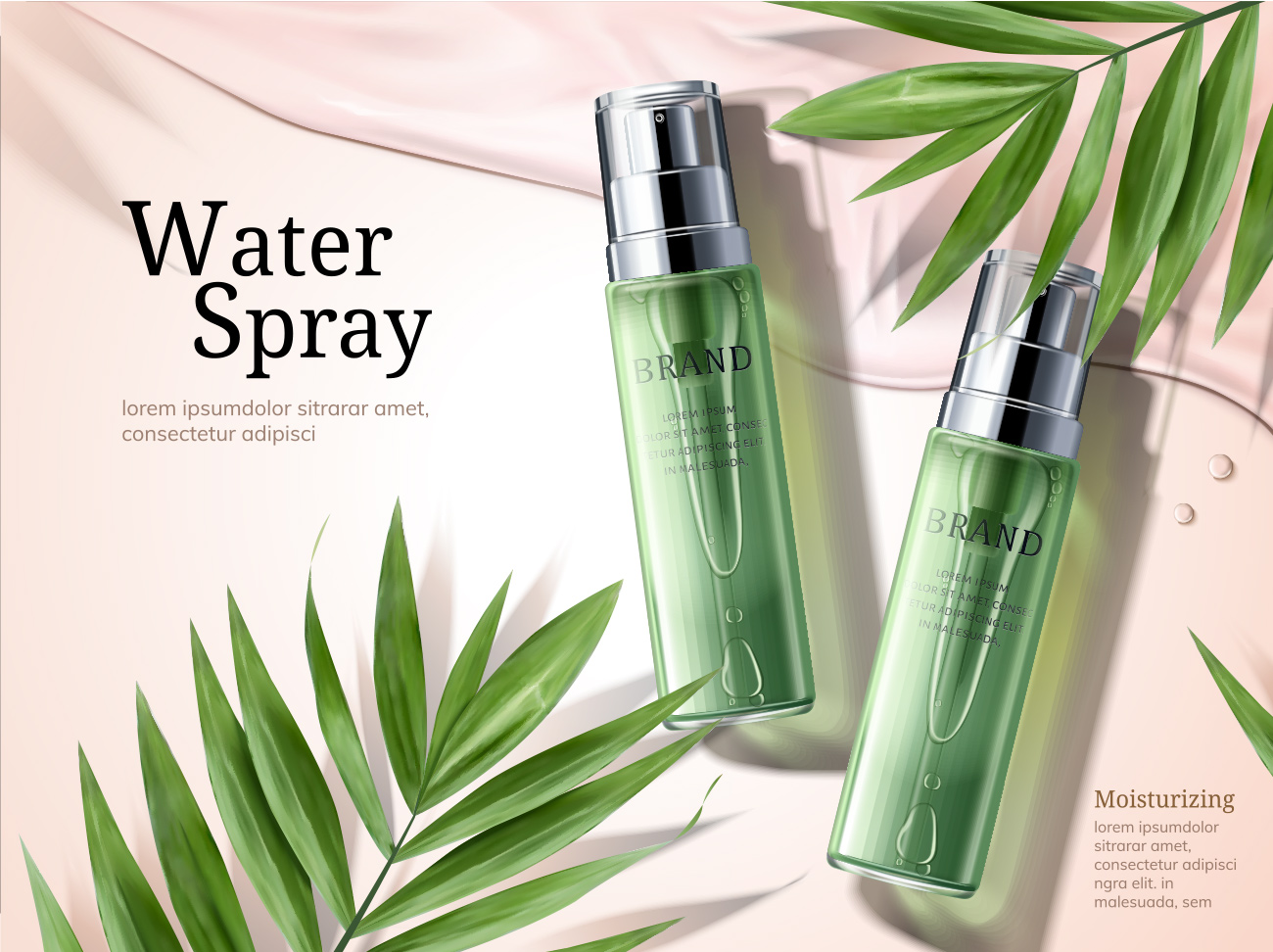 绿色化妆护肤品化妆水喷雾棕榈叶元素EPS矢量海报设计素材Wa
