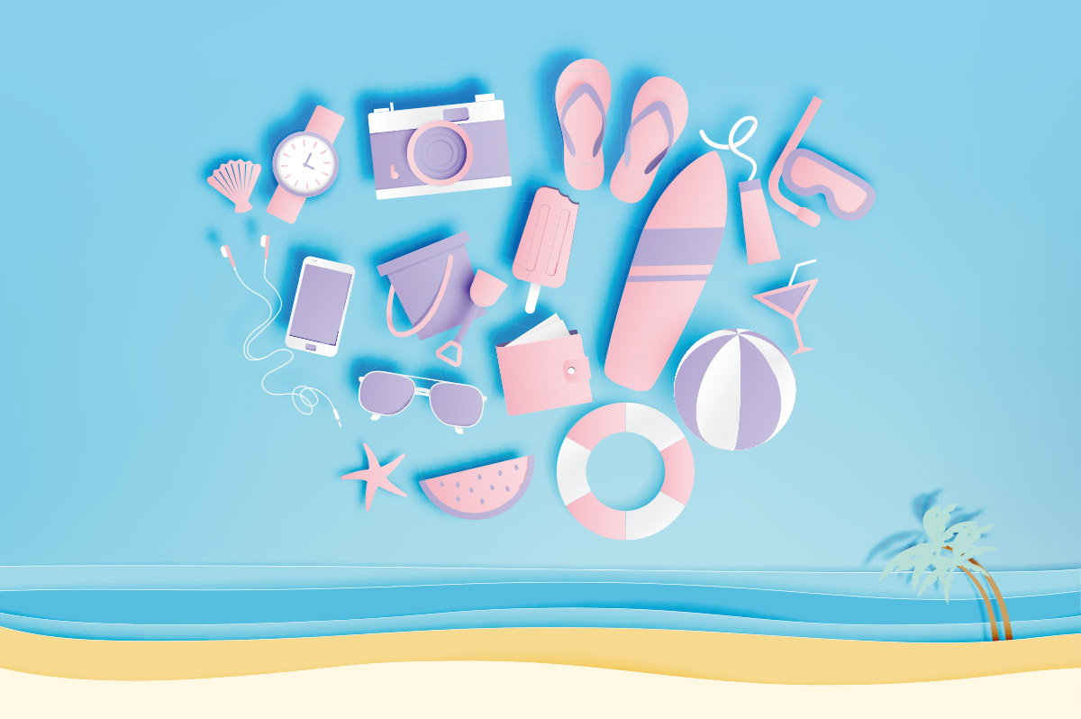 海边度假用品纸艺术风格海洋背景EPS矢量插图Beach th