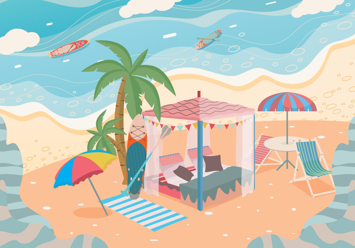私人度假海洋沙滩滩矢量插图Private Cabana Be