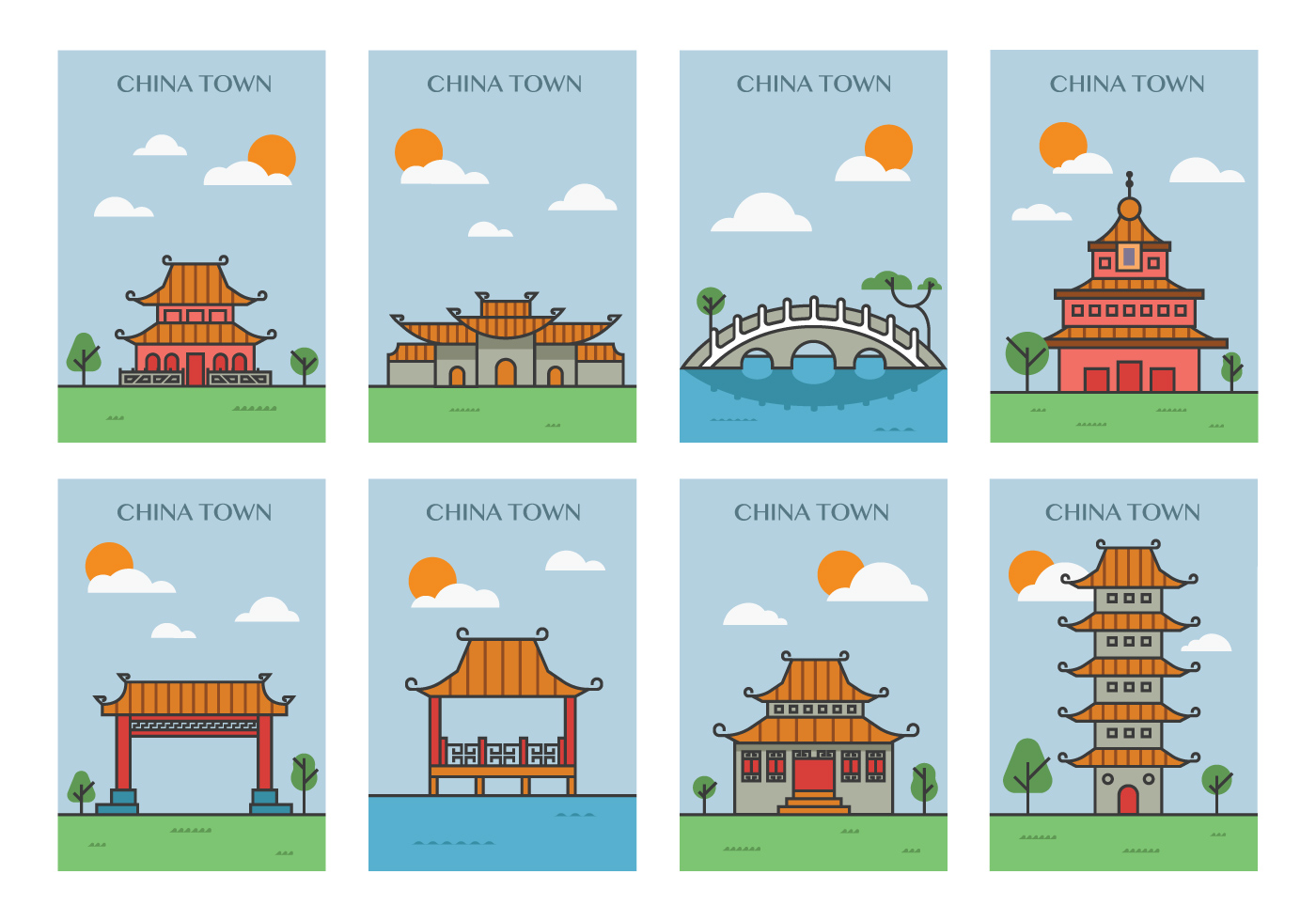 中国特色城镇建筑矢量插图China Town Posters