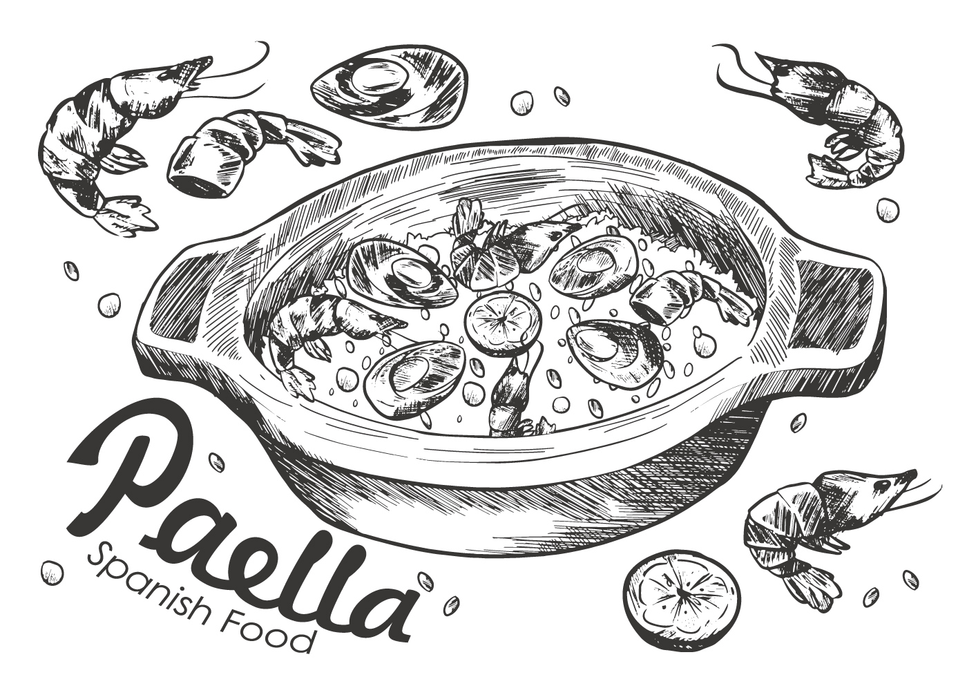 简画西班牙海鲜饭矢量插图Paella Spanish Foo