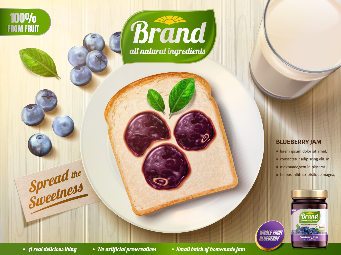 蓝莓果酱面包牛奶广告#744584077