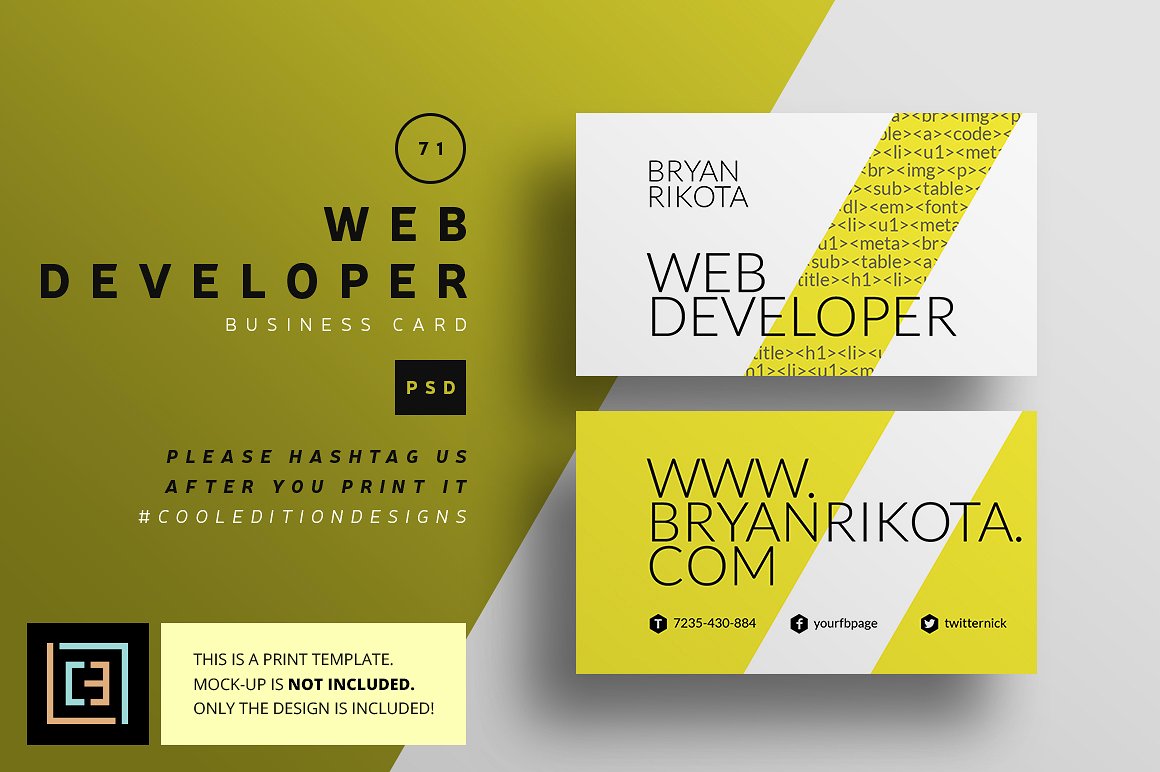 创意黄色色块名片模板设计素材Web Developer -
