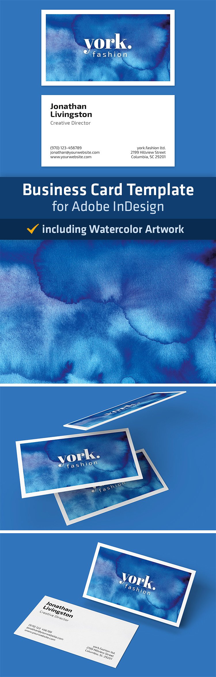 蓝色水彩画背景名片模板Watercolor Business