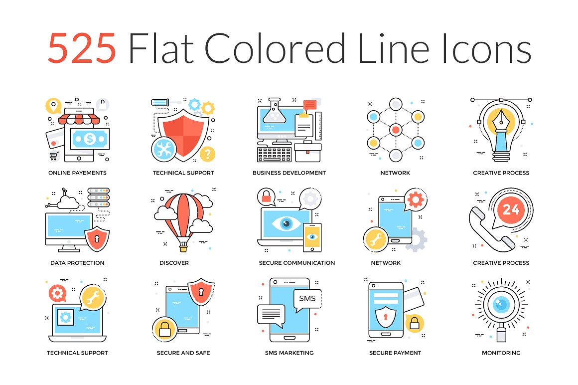 525 Flat Colored Line Icons