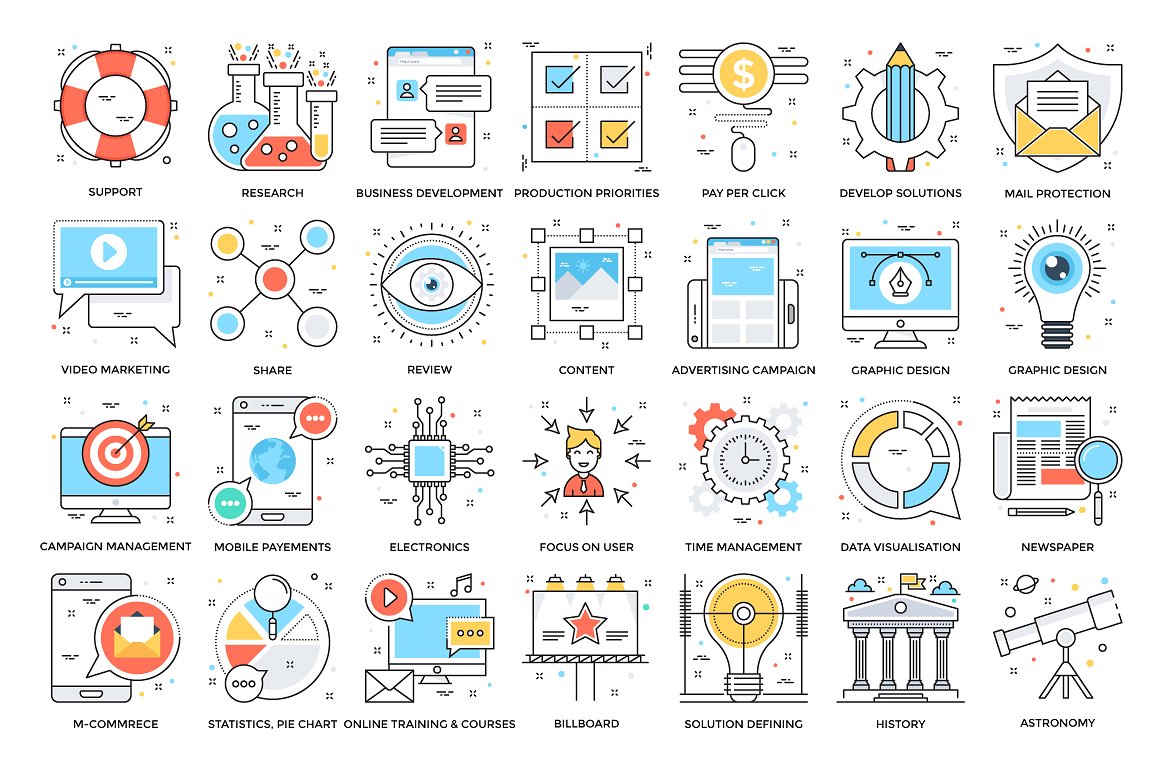 525 Flat Colored Line Icons