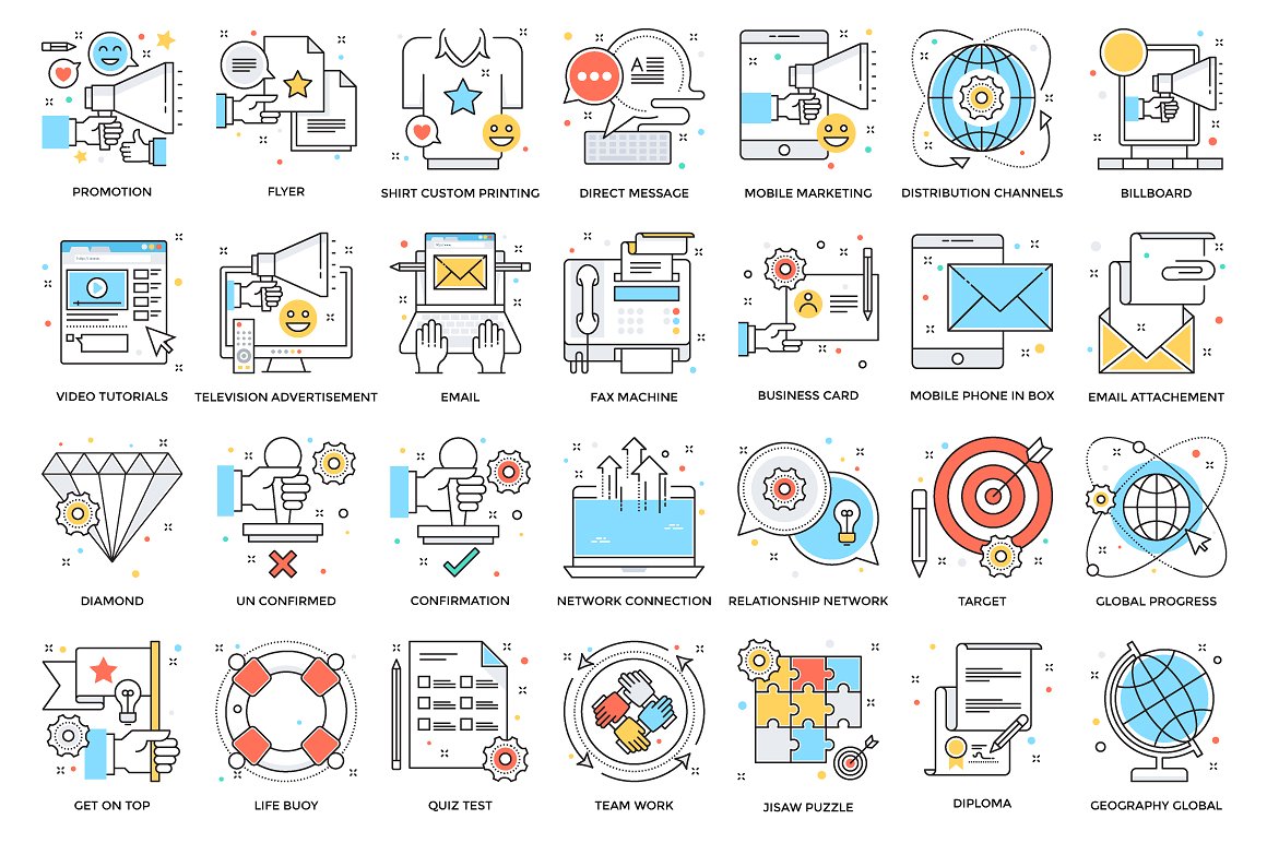 525 Flat Colored Line Icons