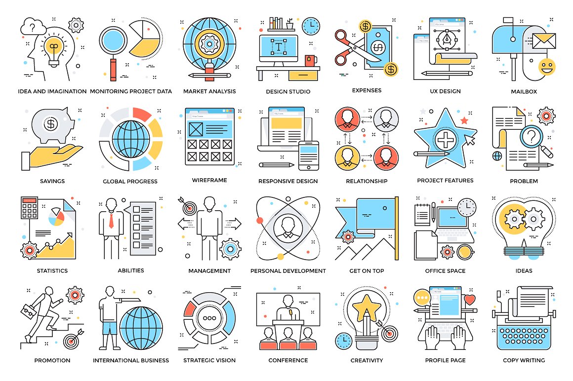 525 Flat Colored Line Icons