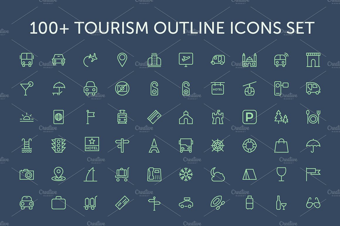 100 Tourism Outline Icons Set