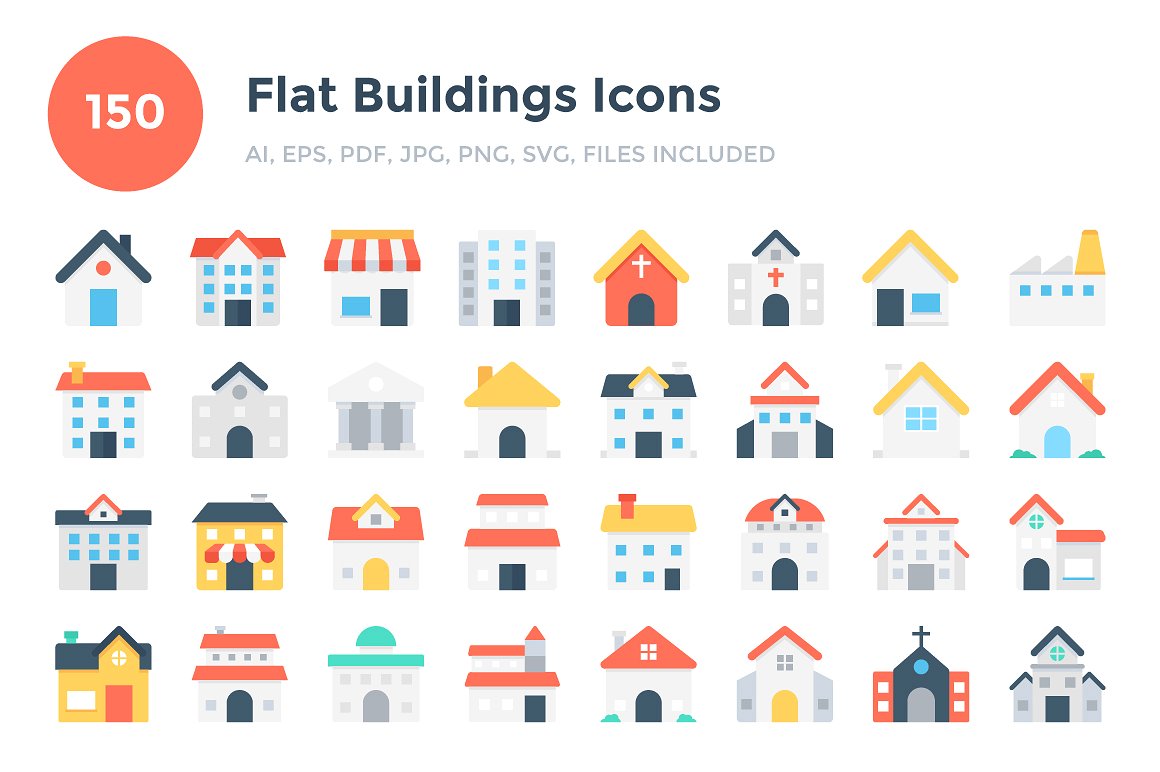 150 Flat Buildings Icons