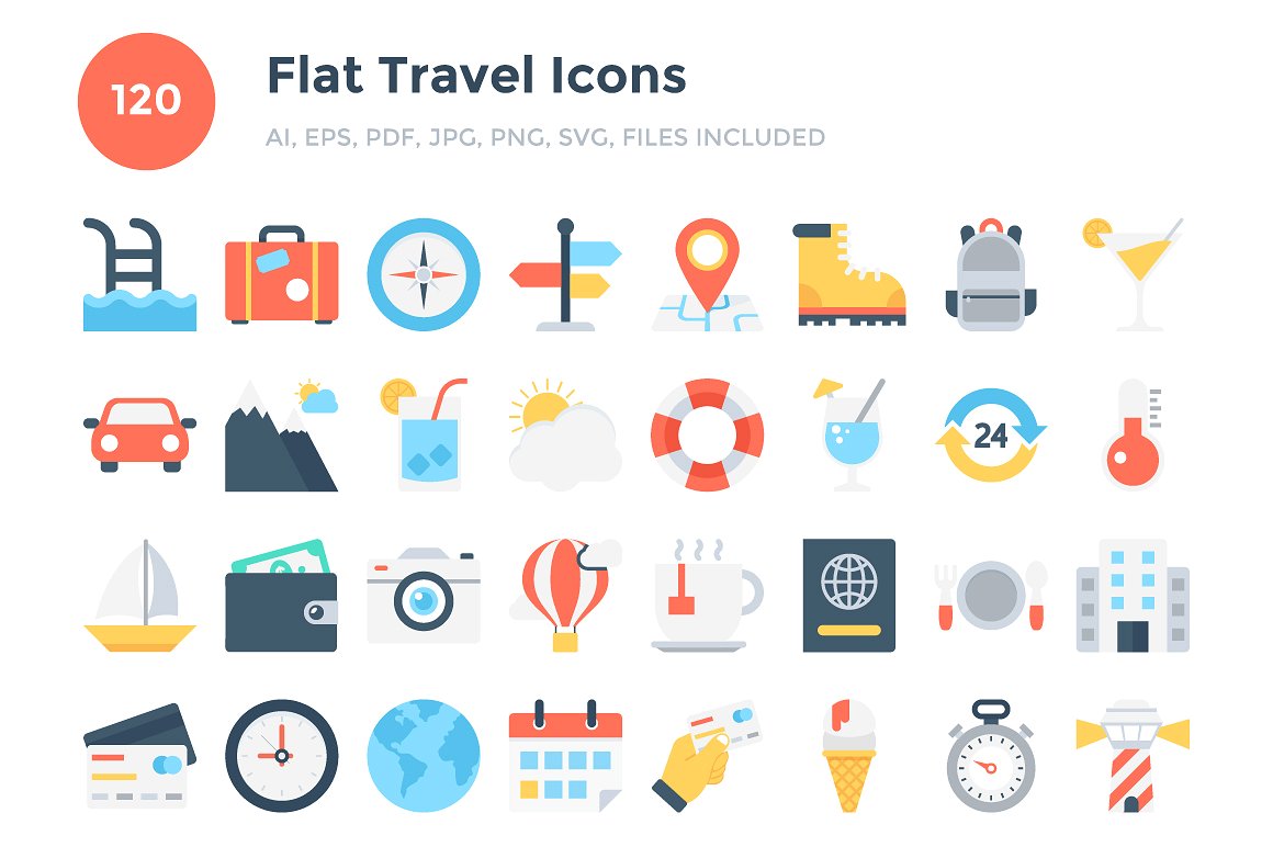 120 Flat Travel Icons