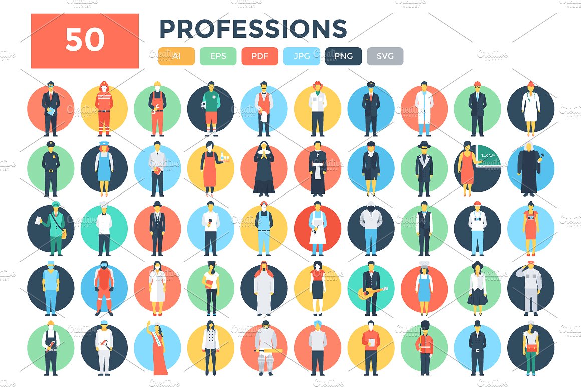 50 Flat Professions Vector Ico