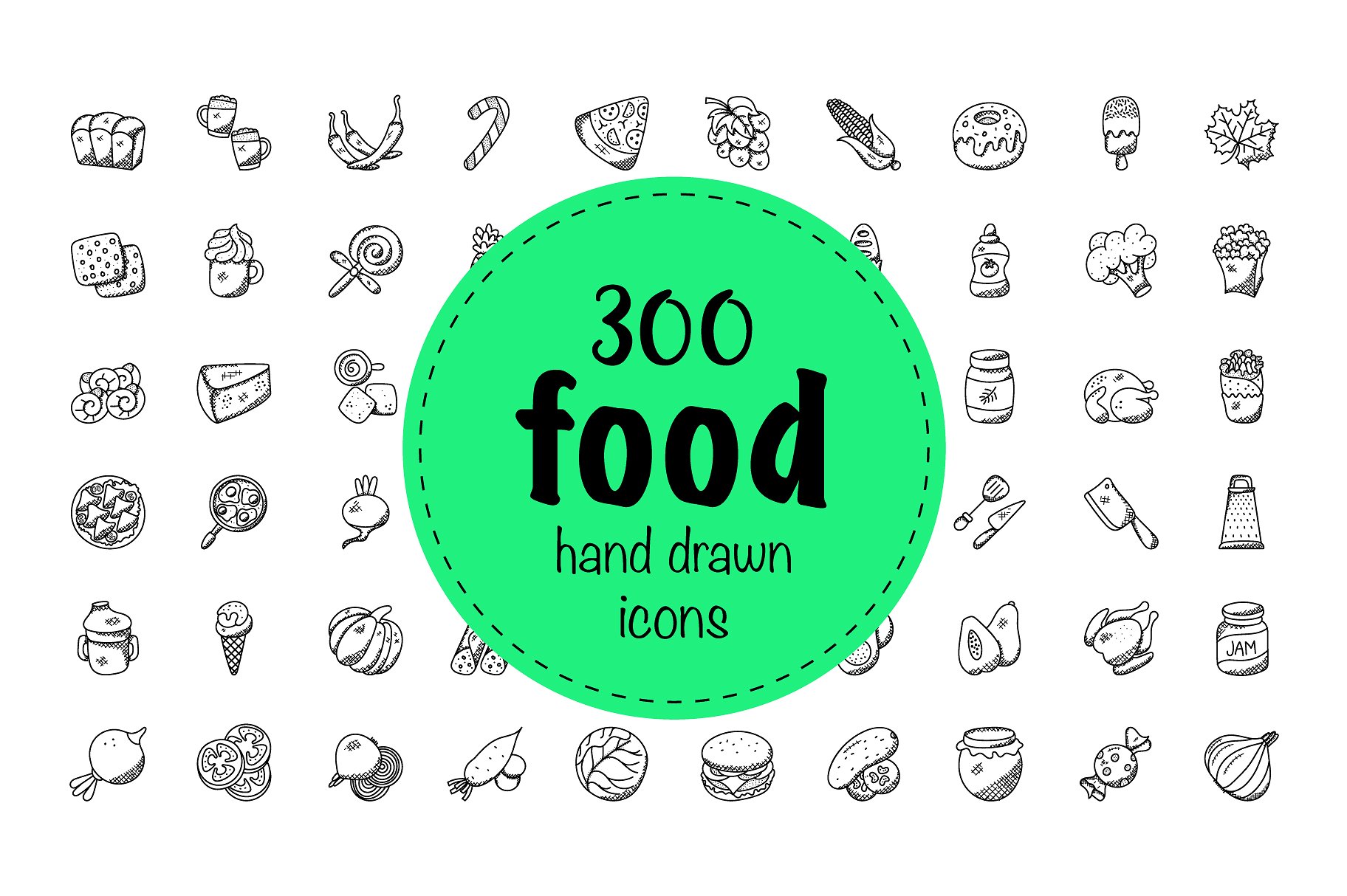 300 Food Hand Drawn Doodles Ic