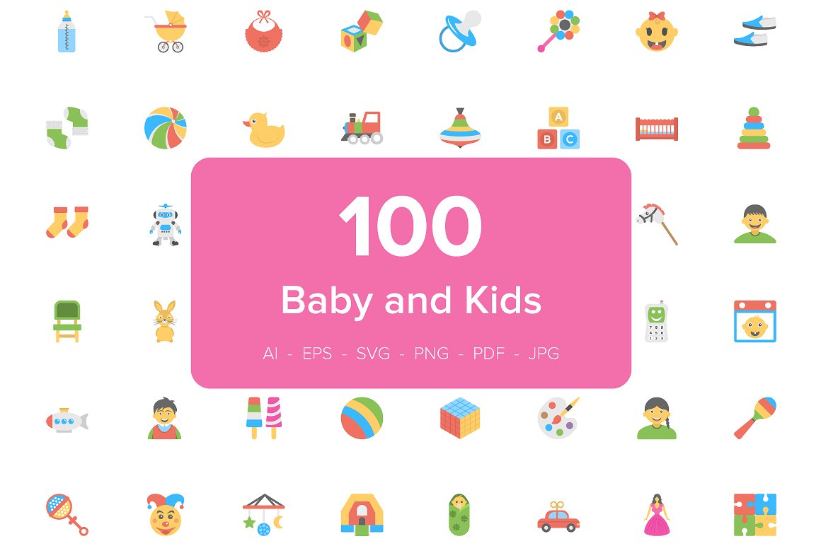 100 Flat Icons Set of Baby and