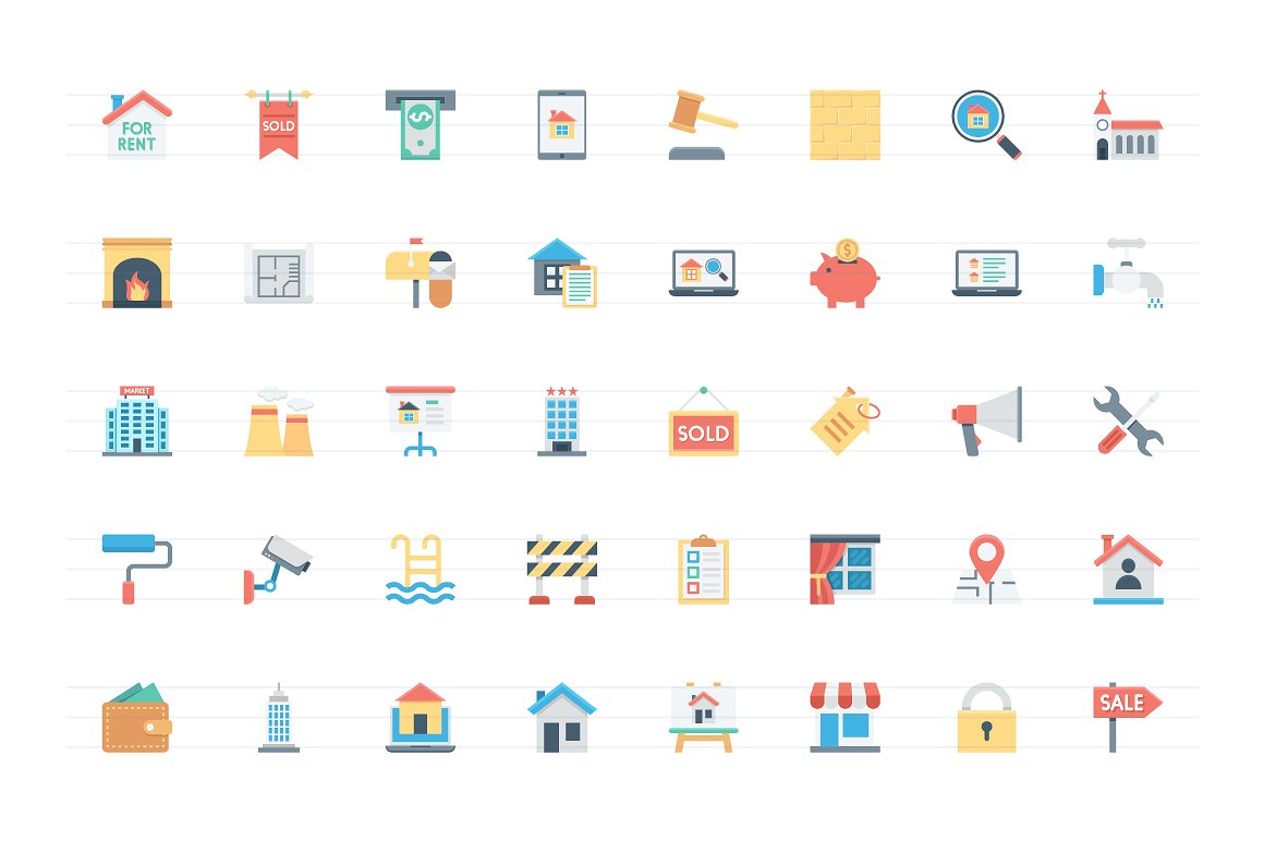 128 Flat Real Estate Icons