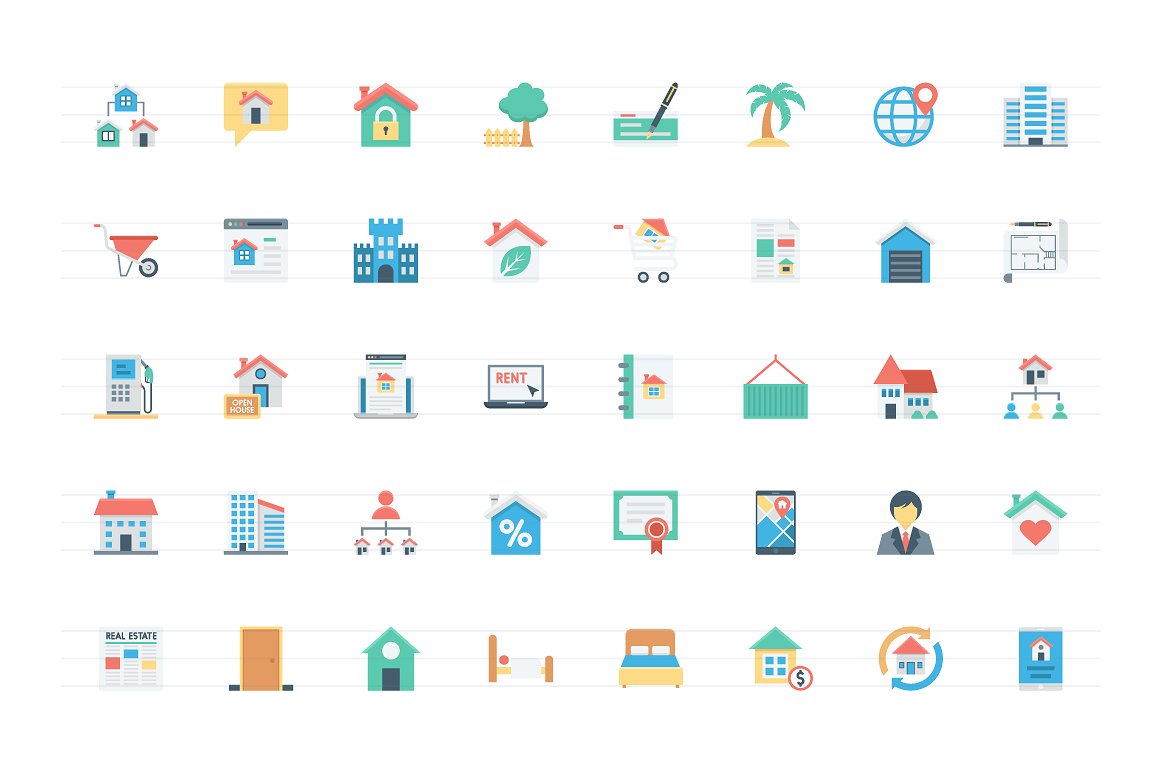 128 Flat Real Estate Icons