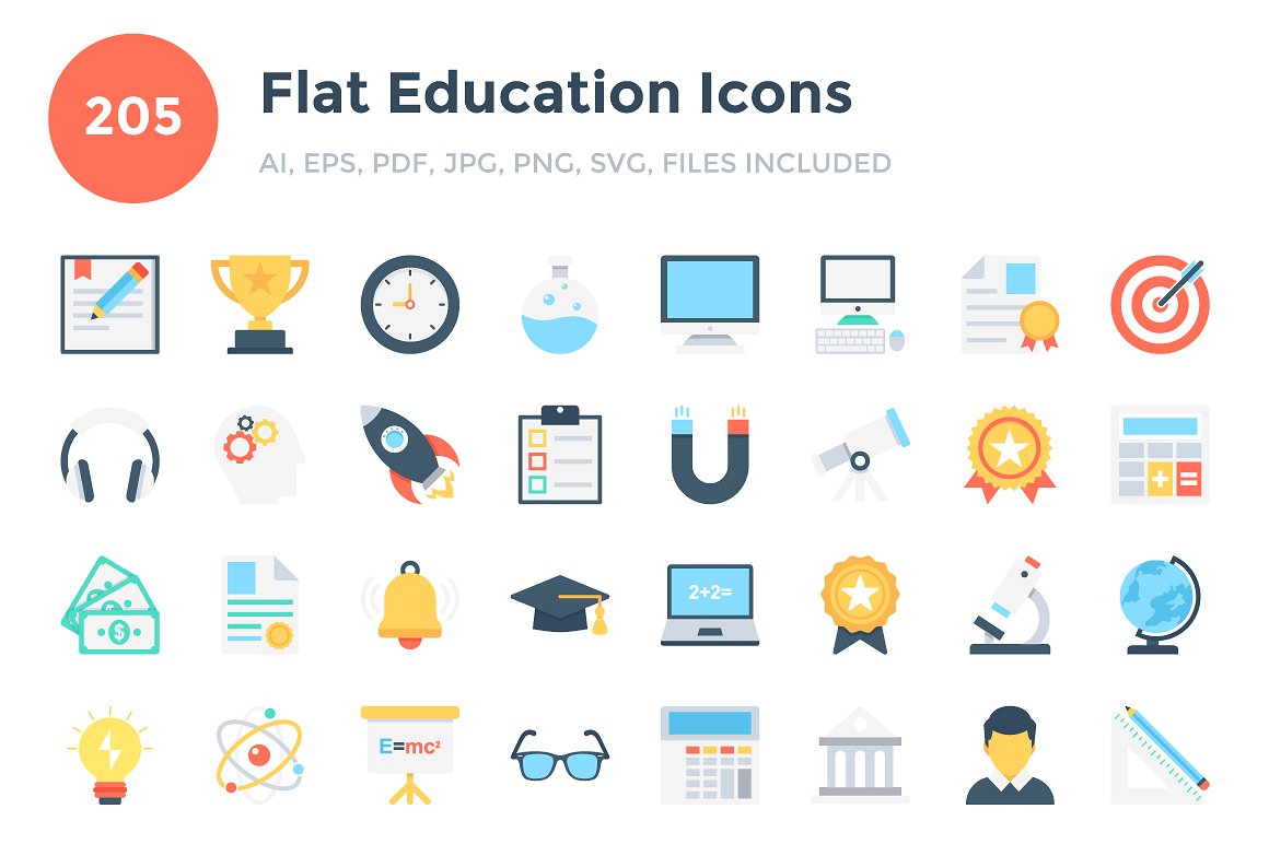 205 Flat Education Icons