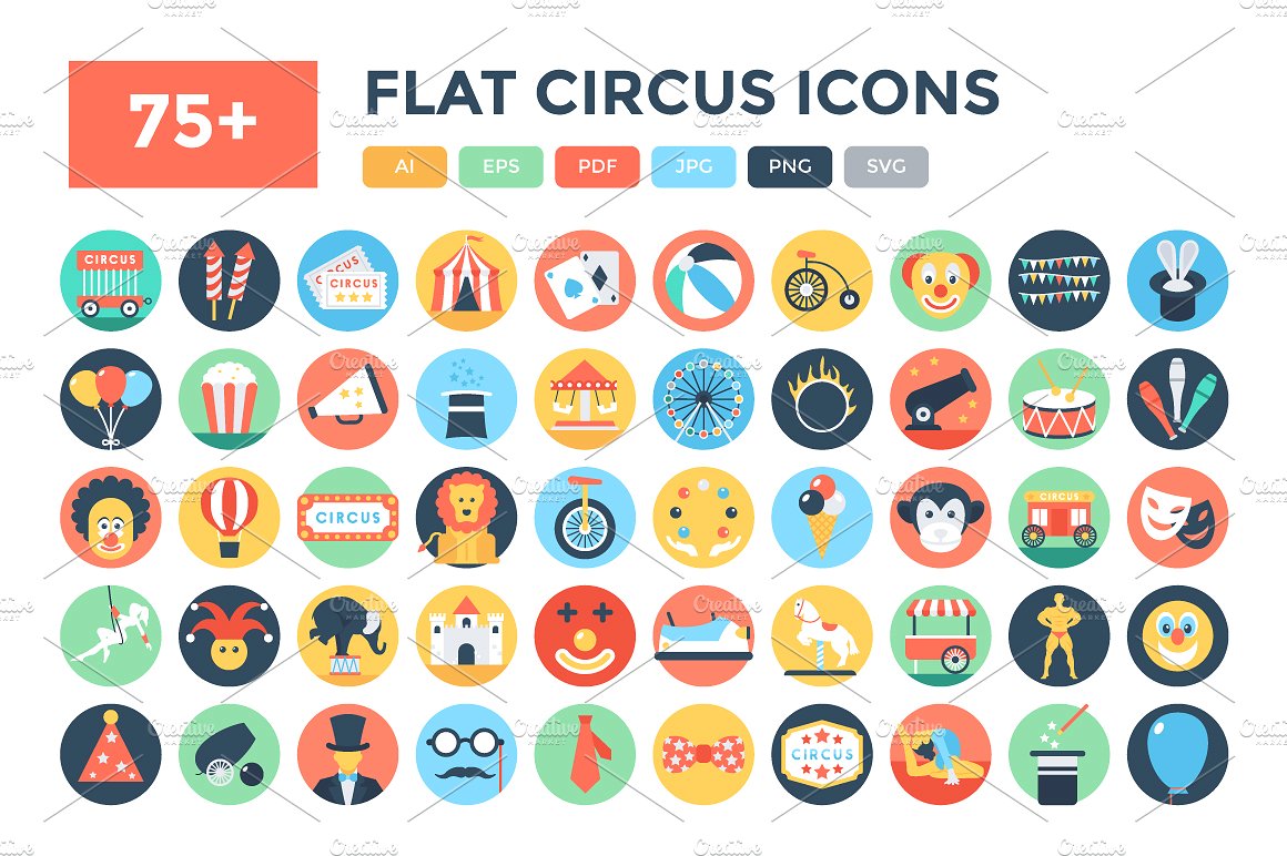 75 Flat Circus Vector Icons