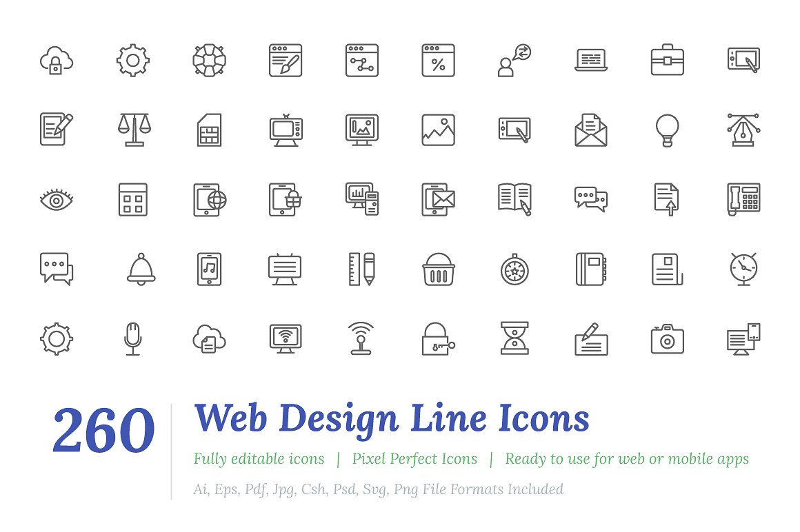 260 Web Design Line Icons