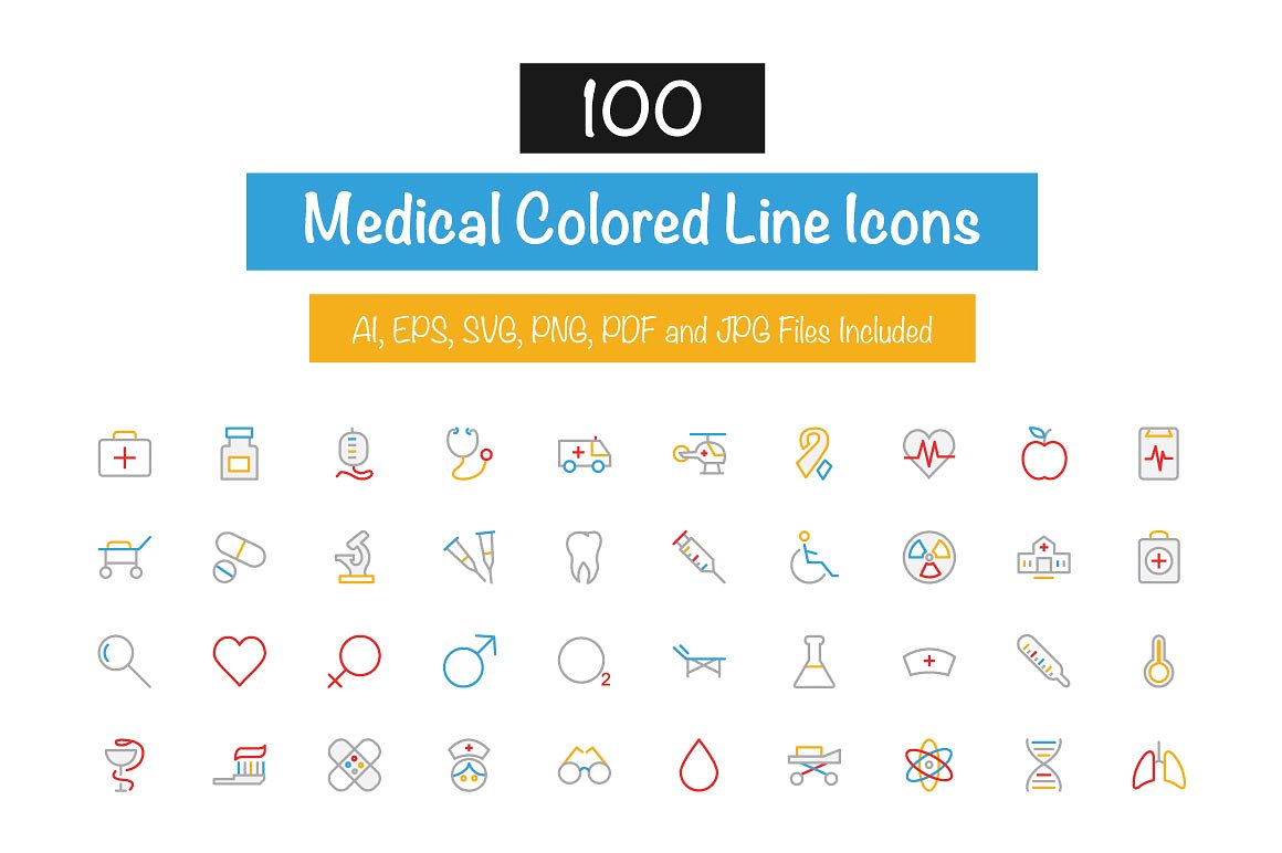 100 Medical Colored Line Icons