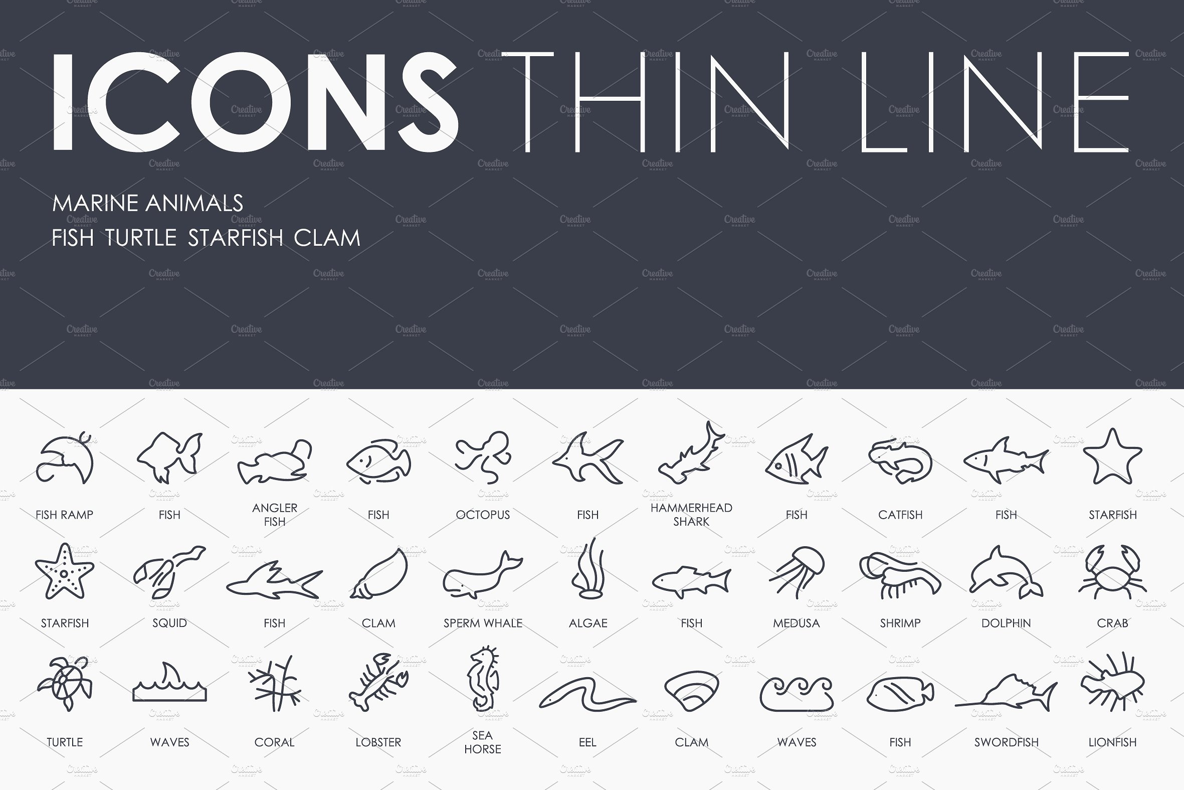 Marine animals thinline icons