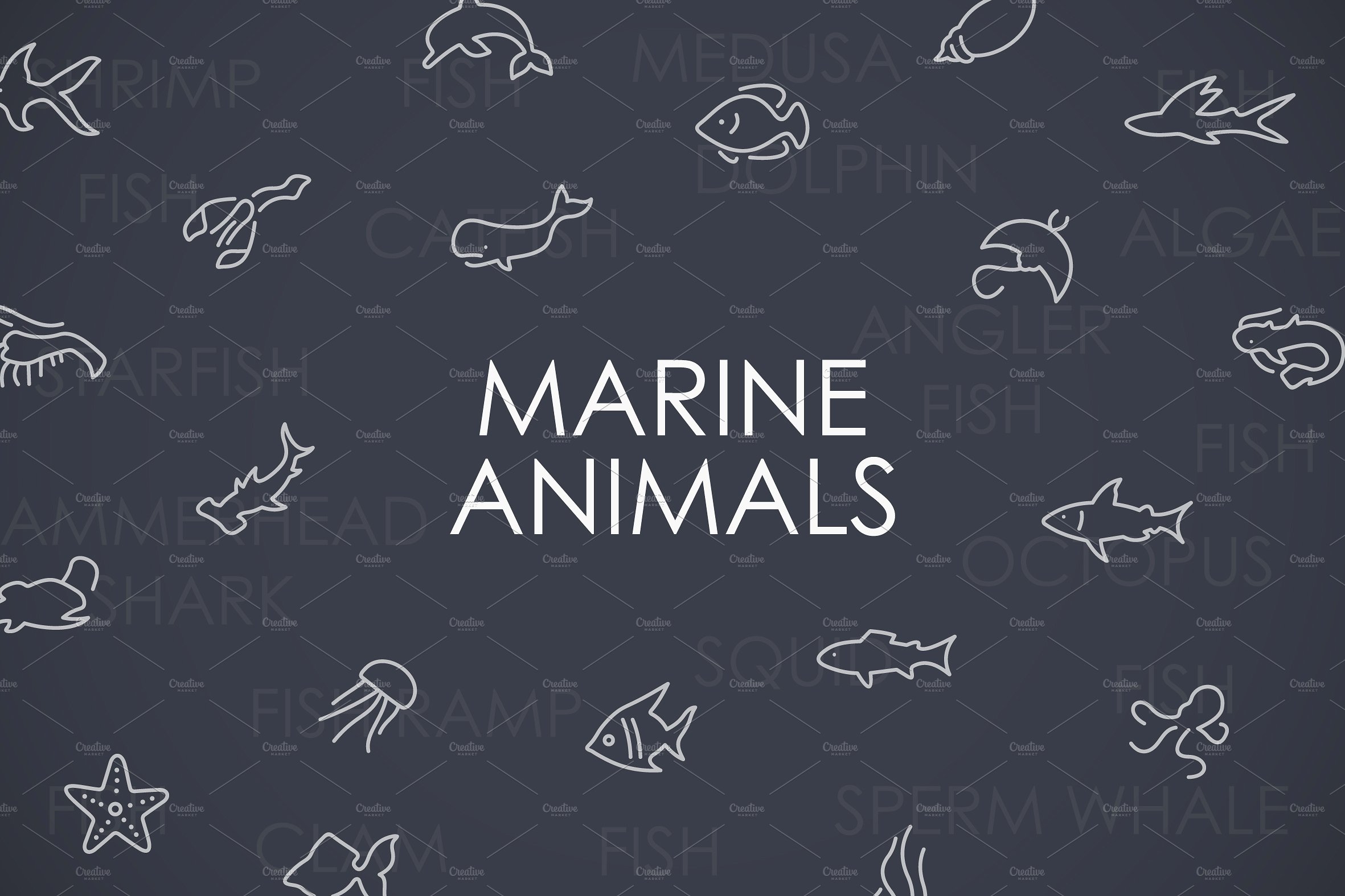 Marine animals thinline icons