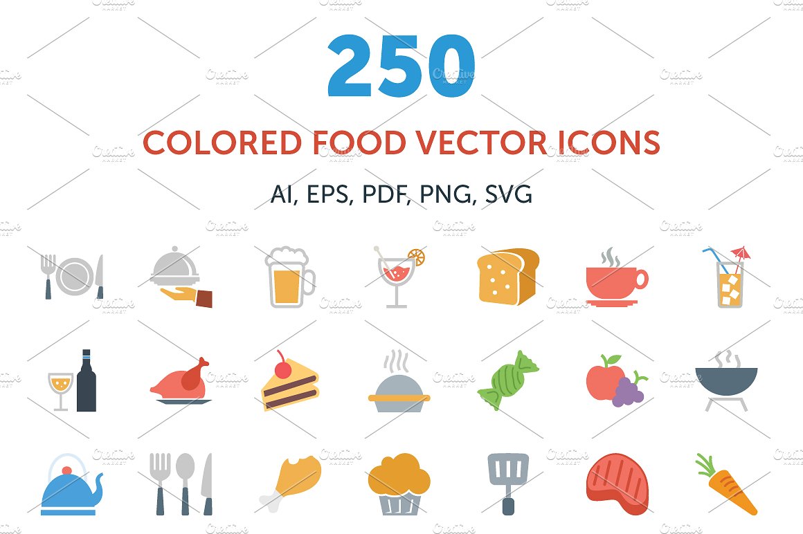 250 Colored Food Vector Icons