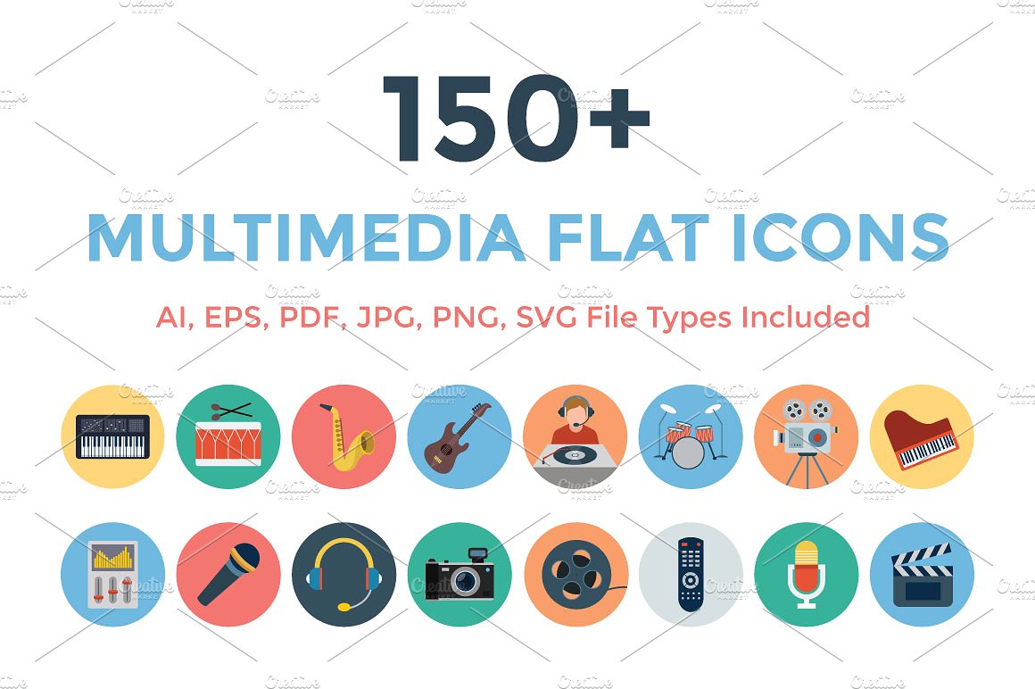 150 Multimedia Flat Icons