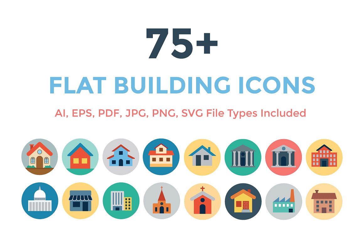 75 Flat Building Icons