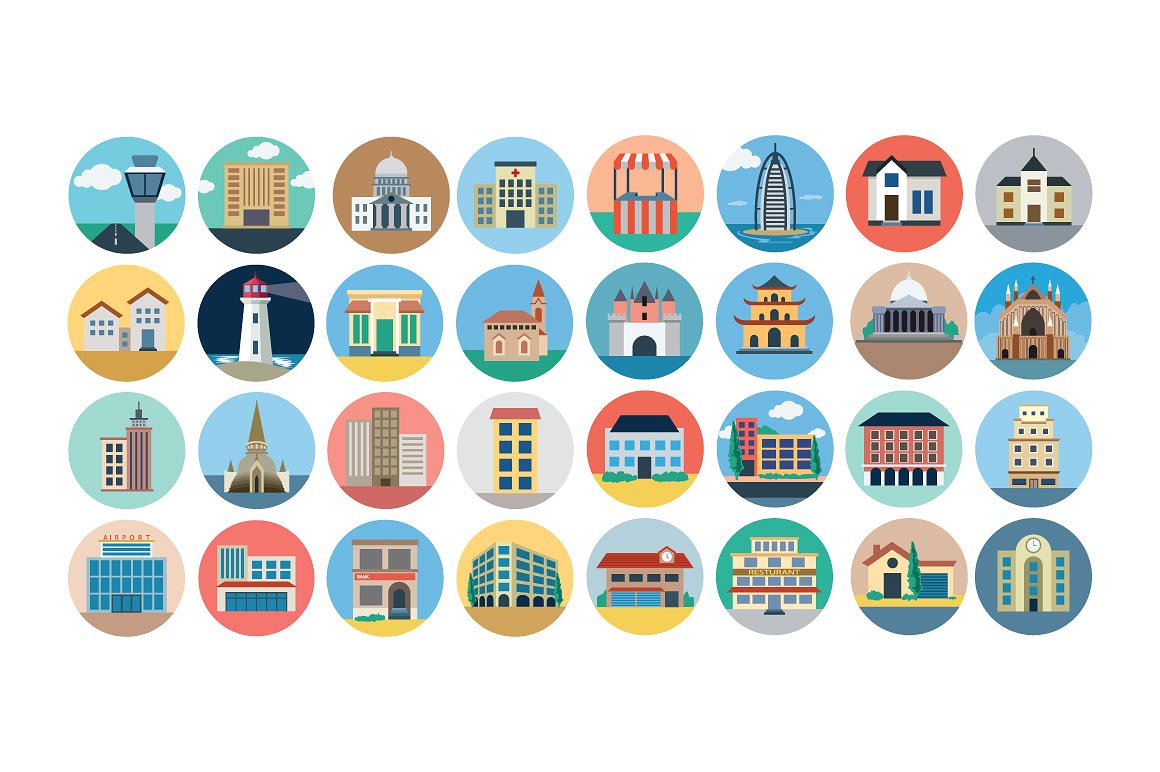 75 Flat Building Icons