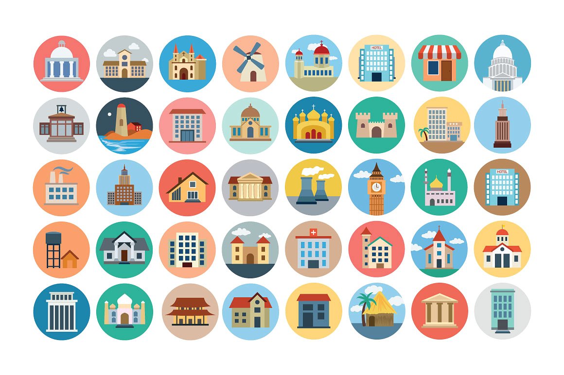 75 Flat Building Icons