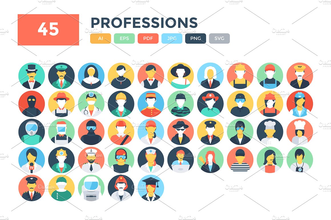 45 Flat Professions Vector Ico