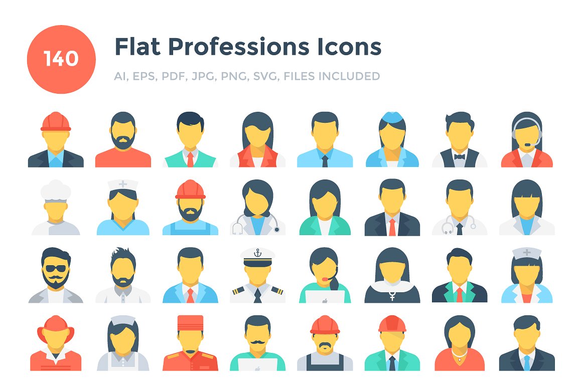 140 Flat Professions Icons