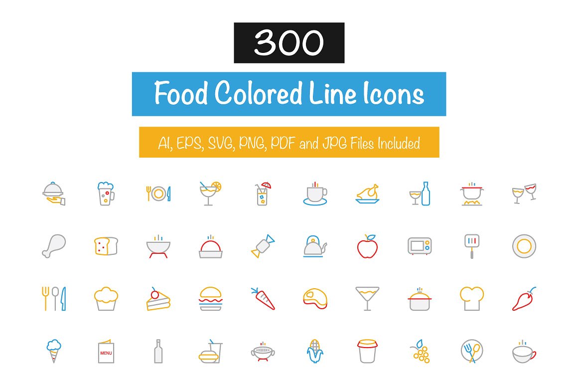 300 Food Colored Line Icons