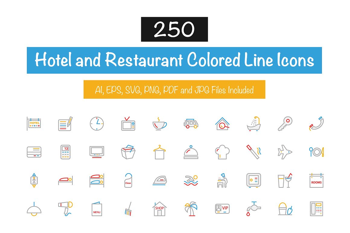 250 Hotel Colored Line Icons