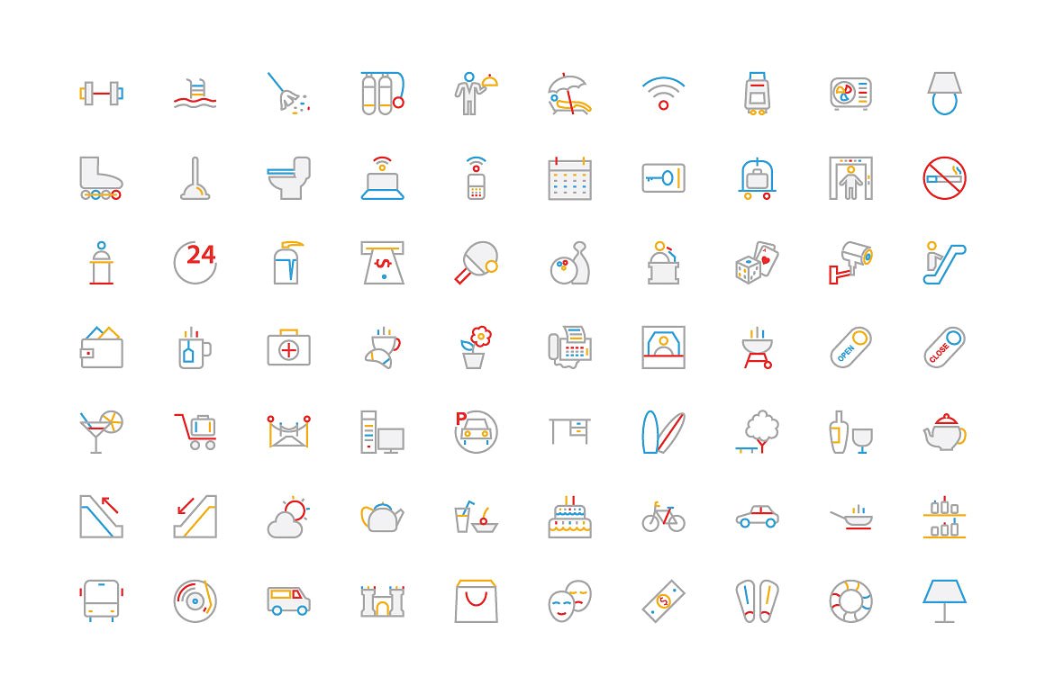 250 Hotel Colored Line Icons