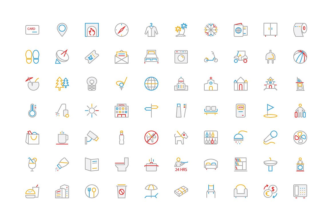 250 Hotel Colored Line Icons