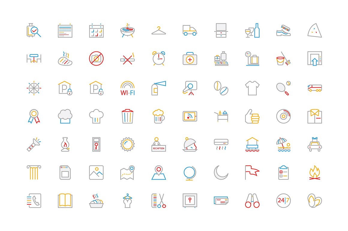 250 Hotel Colored Line Icons