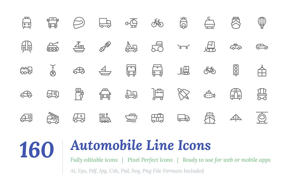 160 Automobile Line Icons