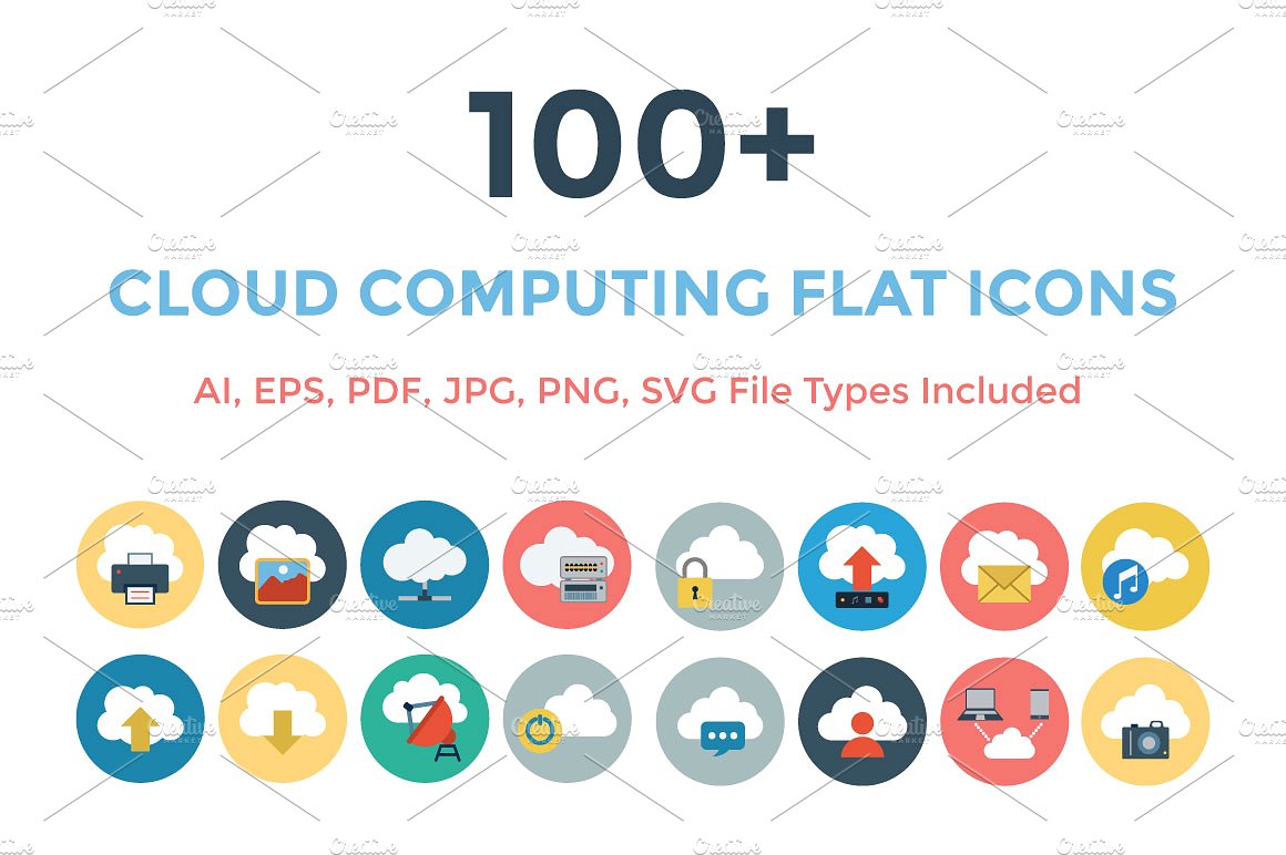 100 Cloud Computing Flat Icon