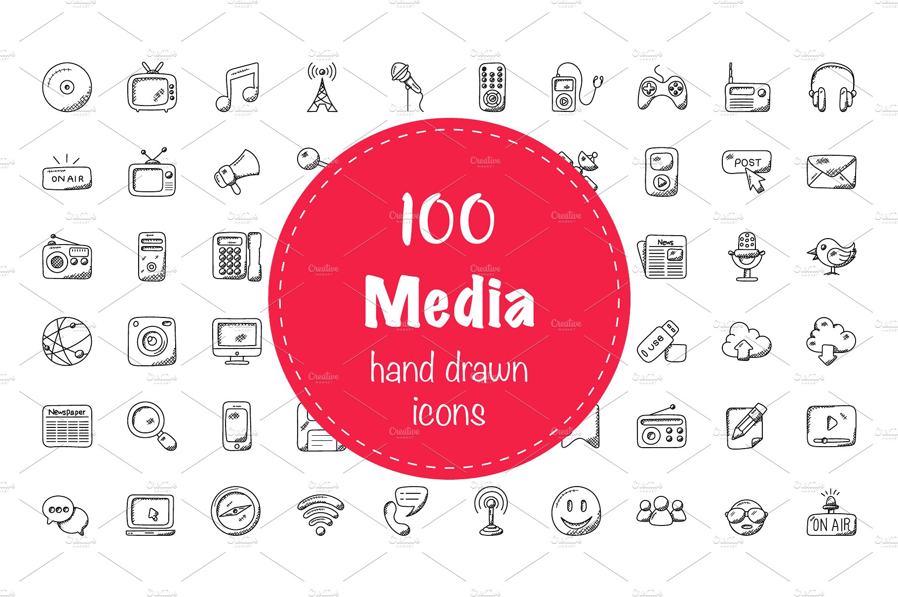 100 Media Doodle Icons