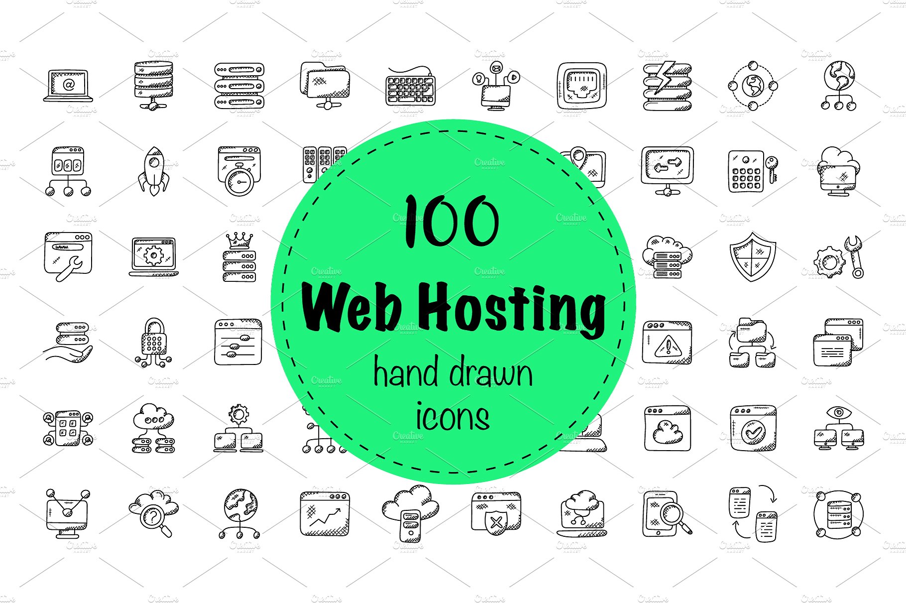 100 Web Hosting Doodle Icons